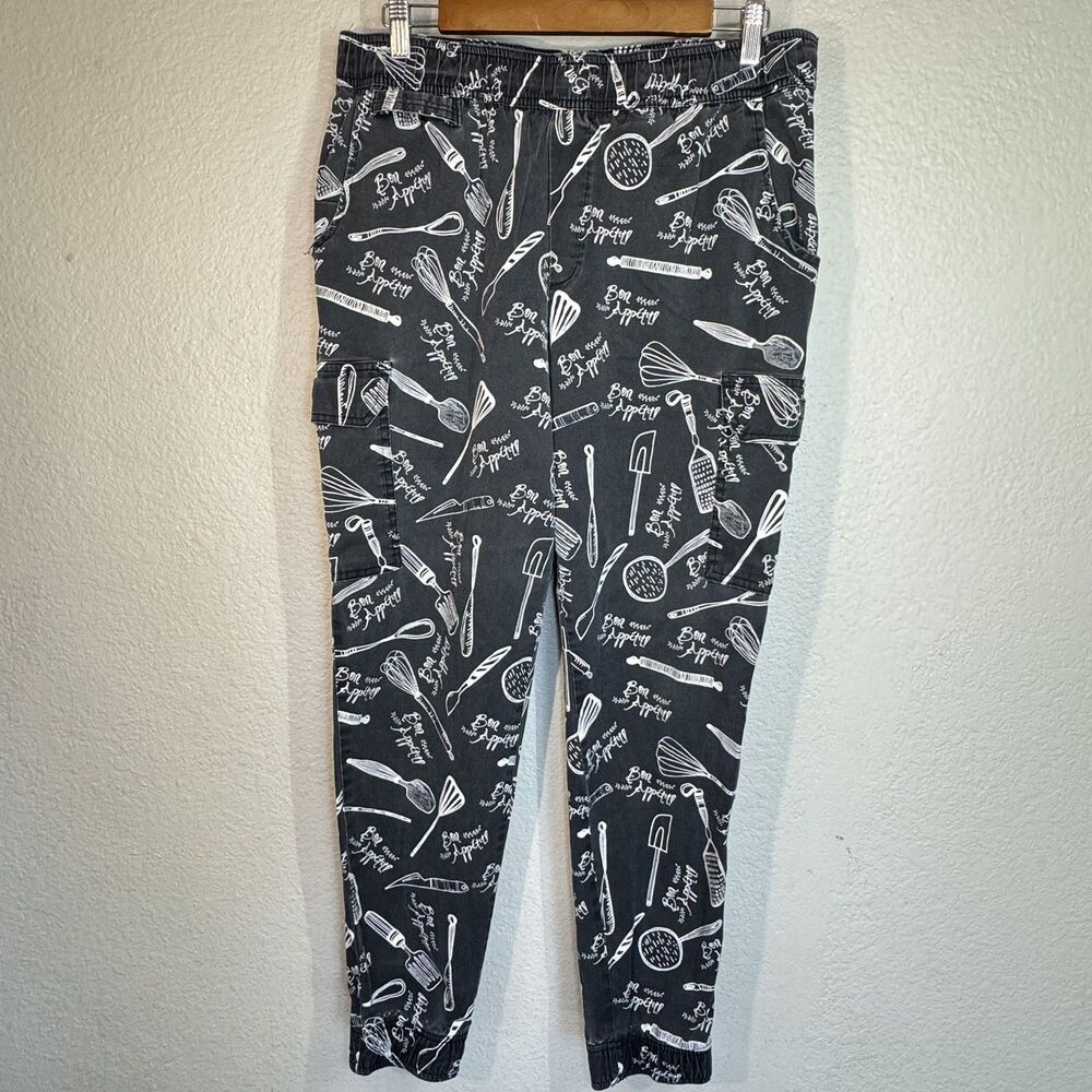 Chef 360 Pants Kitchen Utensils Print Cotton Elastic Waist Cargo Culinary Size L